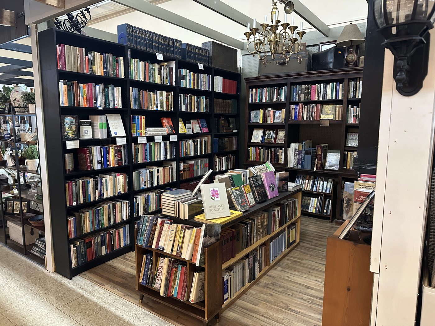 The Picky Reader booth at Mercantile at the Ridge — shelves of used and vintage books with a display table